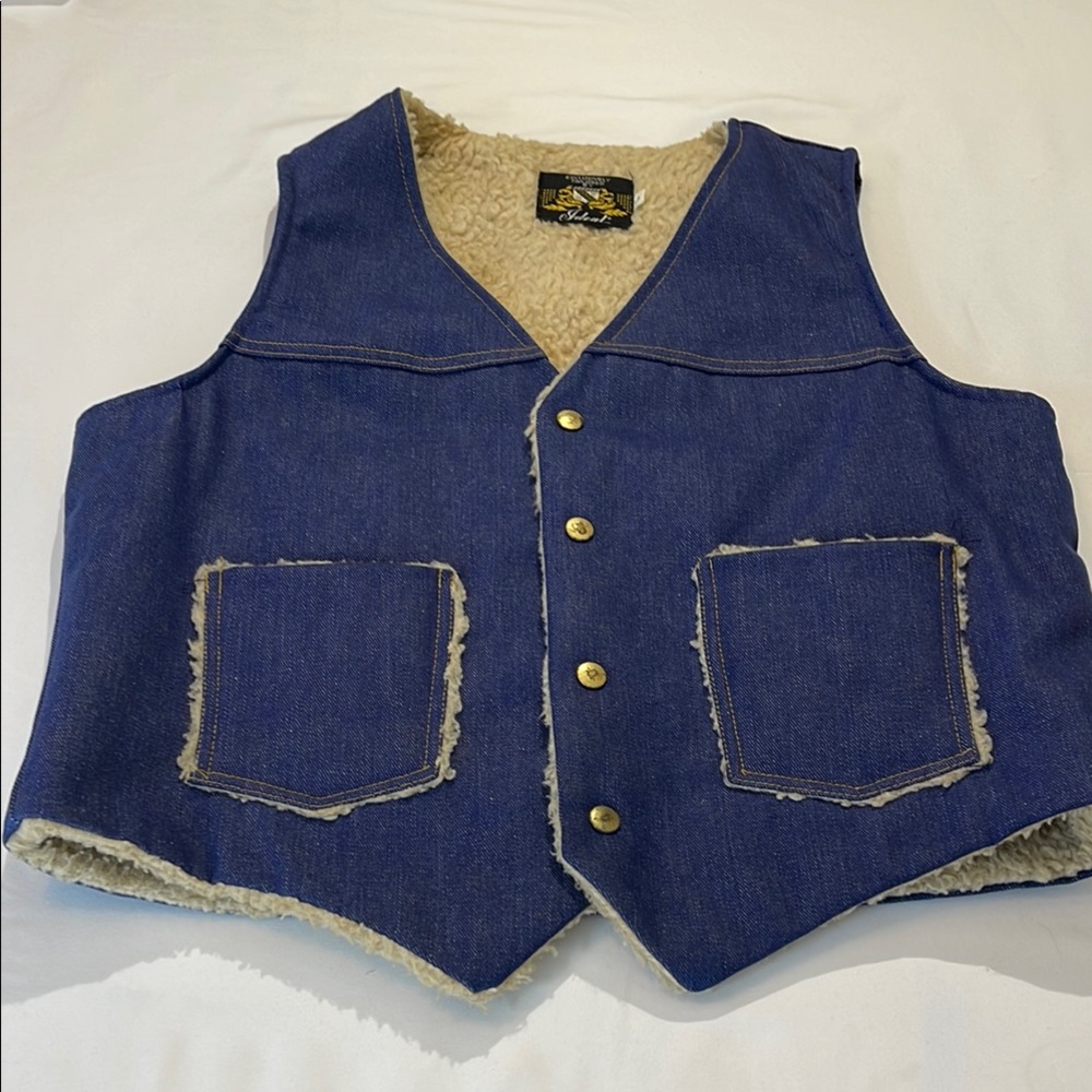 IDEAL VINTAGE  MENS SIZE L Blue Denim Vest with Shearling Lining